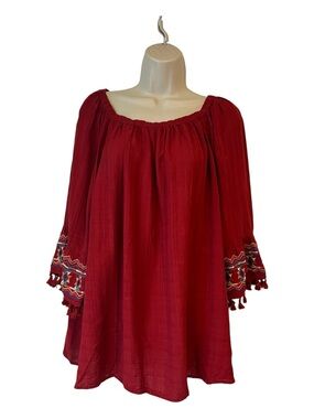 Rafaella Red Boho Peasant Blouse Embroidered Bell Sleeve Tassel Top Women’s 1X